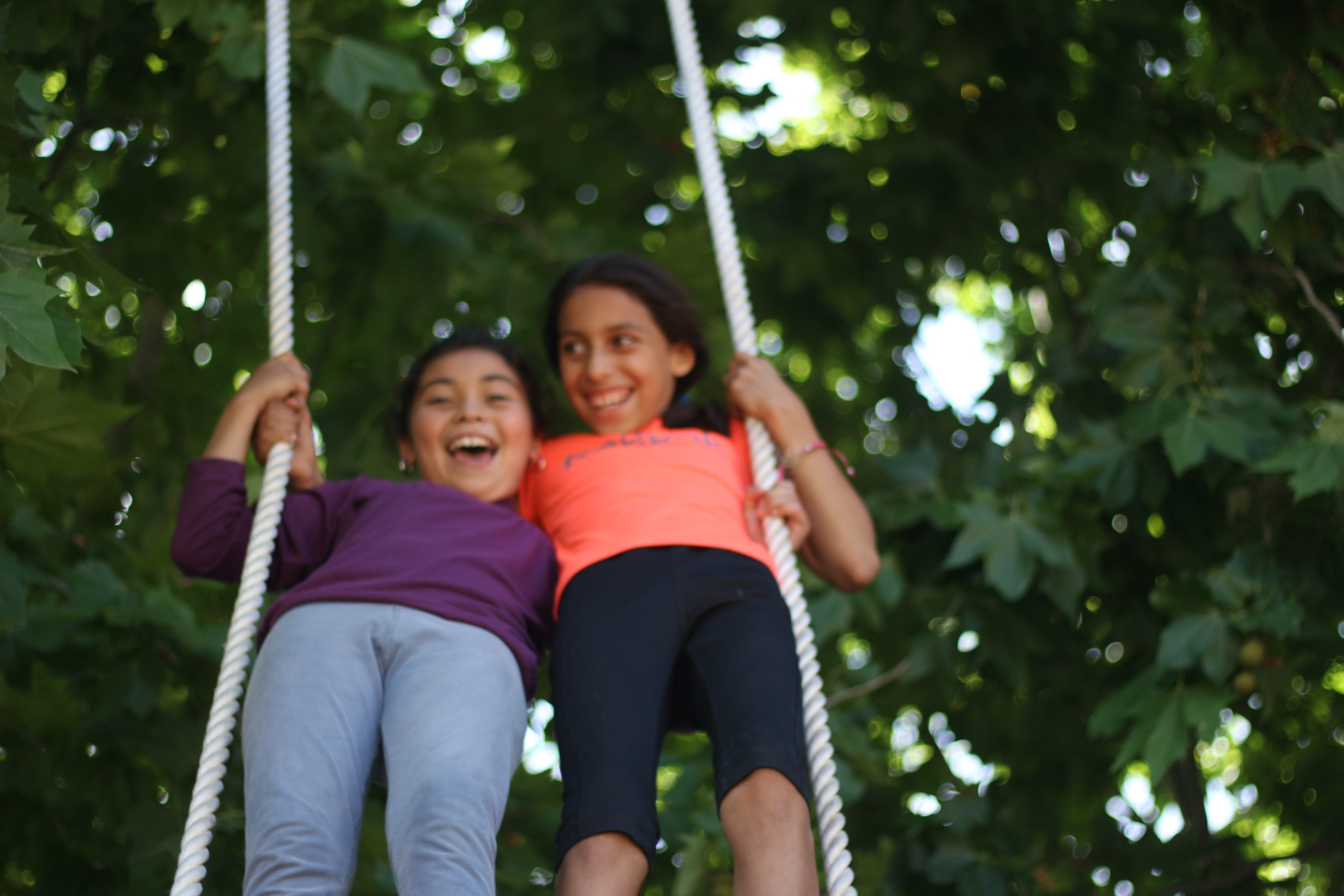 dos niñas sonriendo en un trapecio debajo de un árbol

